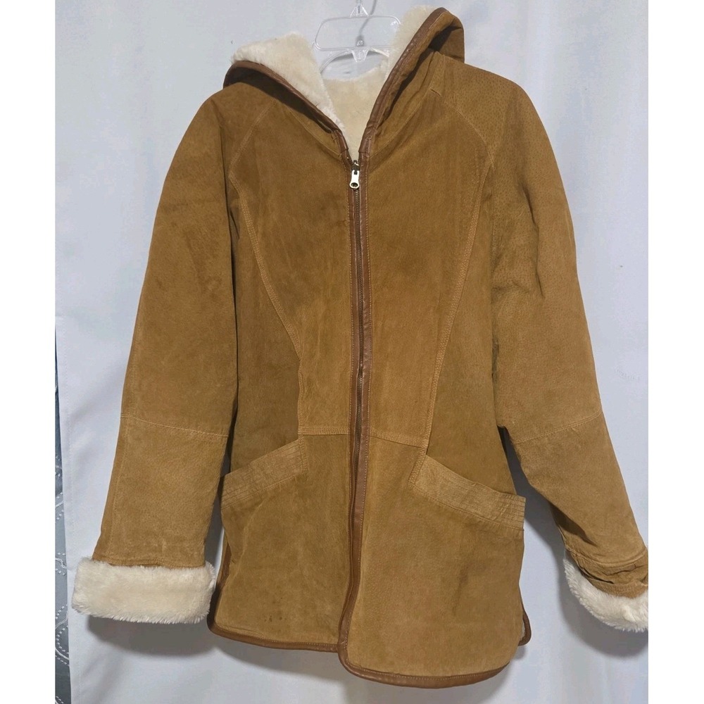 Vtg Leather & Faux Shearling Mid Length Oversized Reversible Hooded Coat Sz S - Picture 3 of 8
